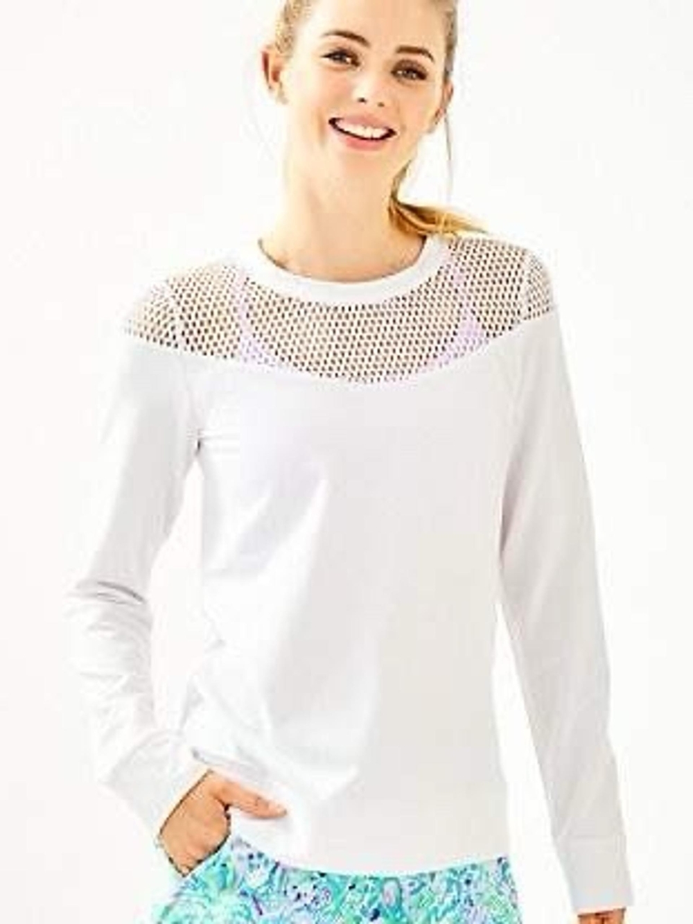 Lilly Pulitzer Analisa White Long-Sleeve Mesh Yoke Popover Size XL